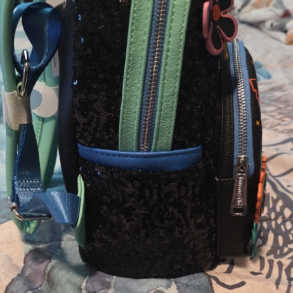 Loungefly Black Sequin Stitch Backpack with Colorful Floral Details - Picture 6 of 8